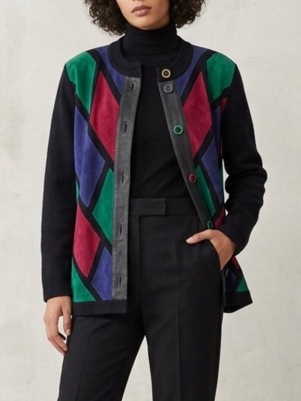 Vintage Claudia S. Drees 80s/90s Geometric Suede Patchwork Colorblock Cardigan